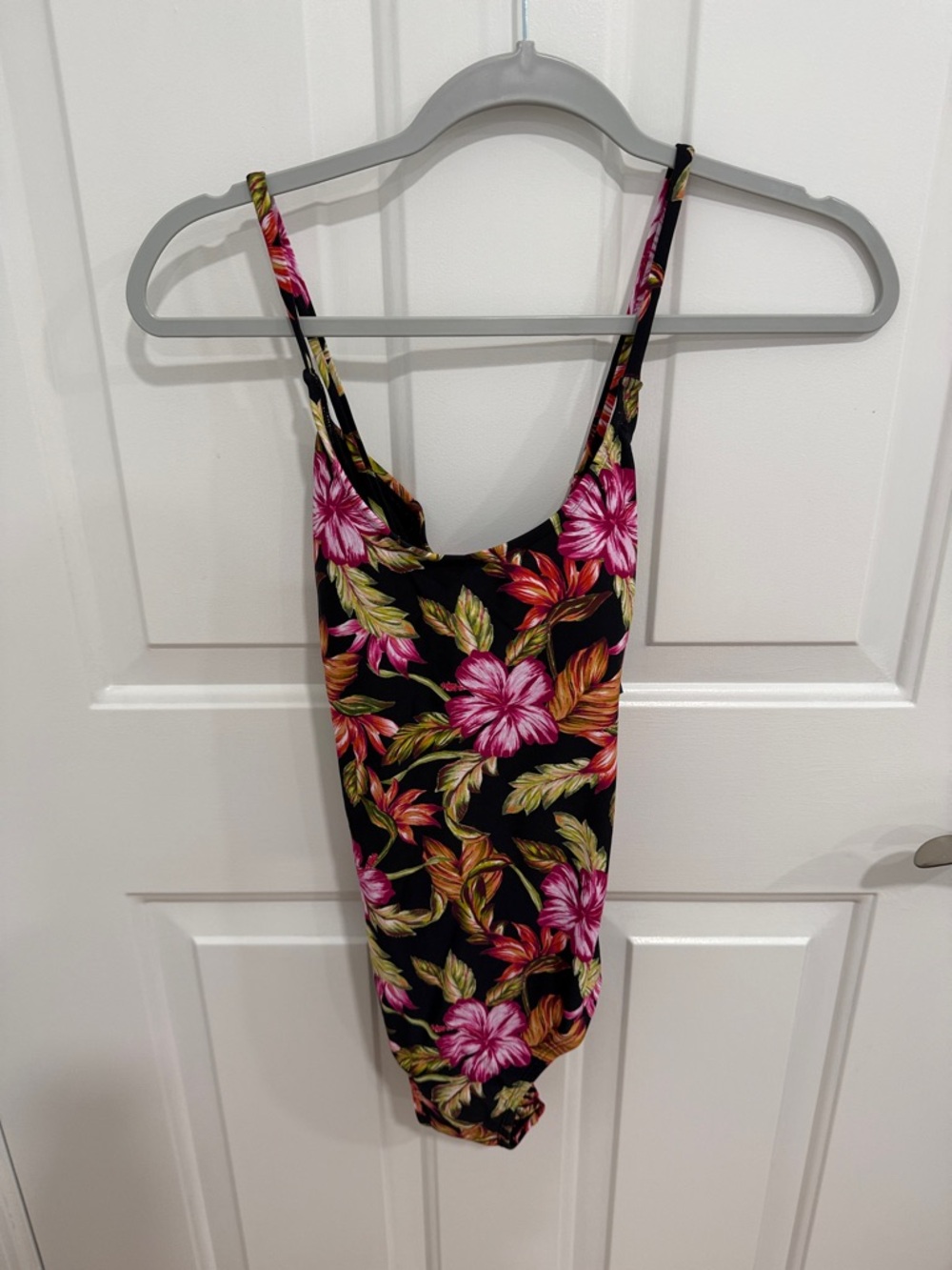 Floral Black One-Piece Swimsuit with Pink Hibiscus